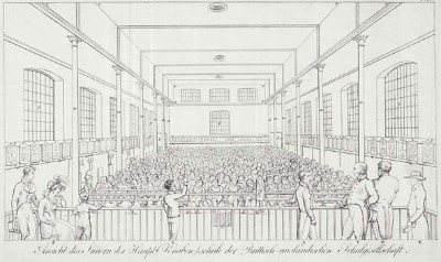 Das Bild zeigt die Londonder Zentralschule der British and Foreign School Society und stammt aus Joseph Hamel: Der gegenseitige Unterricht: Geschichte seiner Einführung und Ausbreitung durch Dr. A. Bell, J. Lancaster und andere, Paris 1818, einer zeitgenössischen Beschreibung der seinerzeit weltweit wohl wichtigsten Bell-Lancaster-Schulen. Eines der wenigen heute noch erhaltenen Bell-Lancaster-Schulgebäude befindet sich im englischen Hitchin.